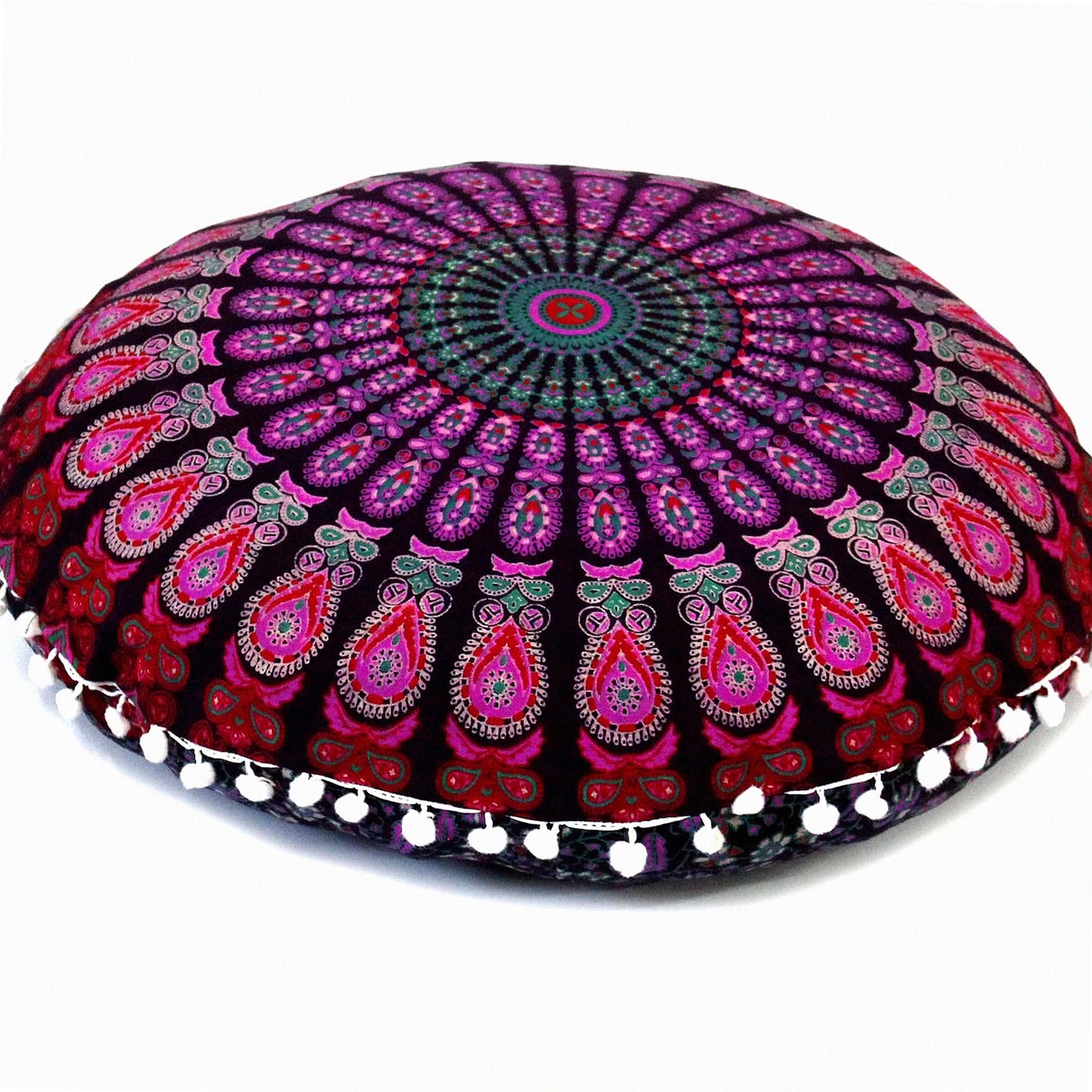 Bohemian Circle Meditation Pouf - Round Seating Cushion for Adults, Pink Peacock Cotton Cover, Outdoor Living Room Yoga Decor, 22 Inch