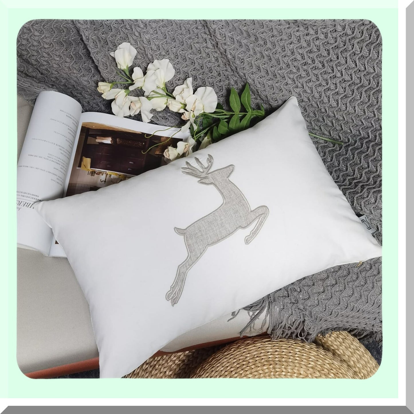 Luxury Deer Lumbar Pillow Covers - Set of 2 12x20 Throw Pillow Covers for Couch Sofa Bedroom - Soft White Decorative Cushion Cases - Home Accent