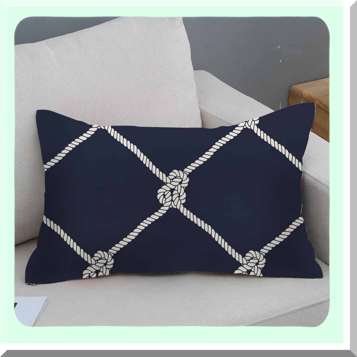 Nautical Rope Knots Navy Blue Pillow Cover - Trendy Maritime Style Cushion Case 12x20 Inches - Coastal Decor Throw Pillowcase with Fishing Net Design