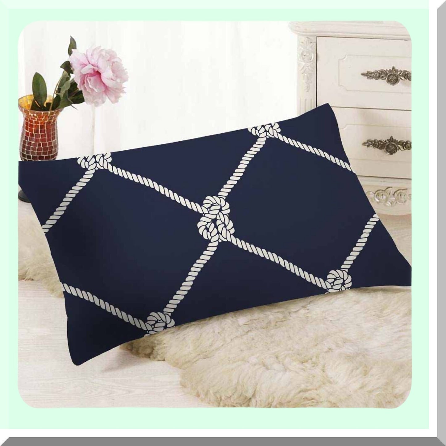Nautical Rope Knots Navy Blue Pillow Cover - Trendy Maritime Style Cushion Case 12x20 Inches - Coastal Decor Throw Pillowcase with Fishing Net Design