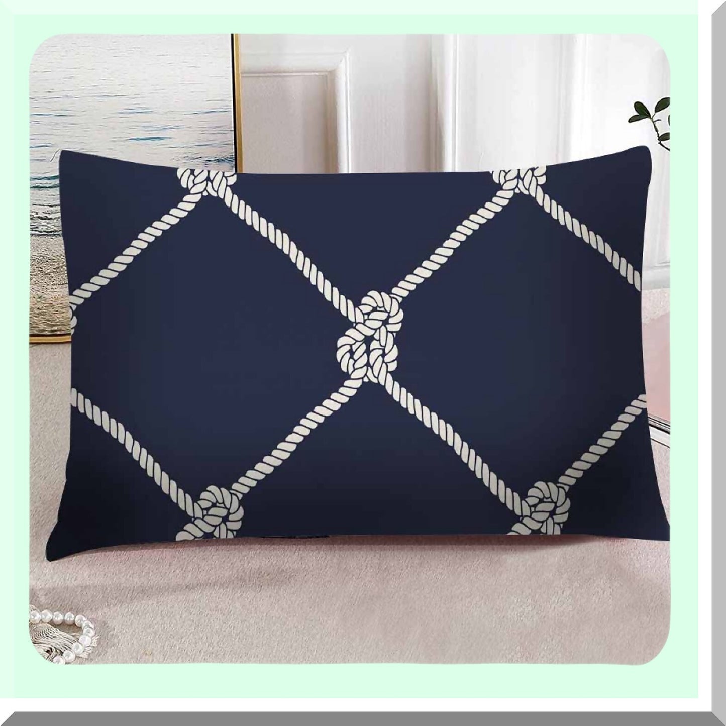 Nautical Rope Knots Navy Blue Pillow Cover - Trendy Maritime Style Cushion Case 12x20 Inches - Coastal Decor Throw Pillowcase with Fishing Net Design
