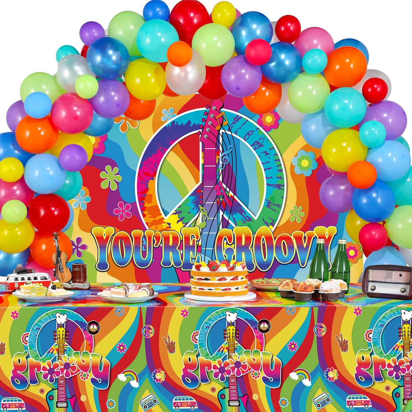 Retro Groove Party Pack - 60s Decorations Kit with Tie Dye Tablecloth, Peace Sign Balloons, and Hippie Theme Supplies for a Groovy Birthday Celebration