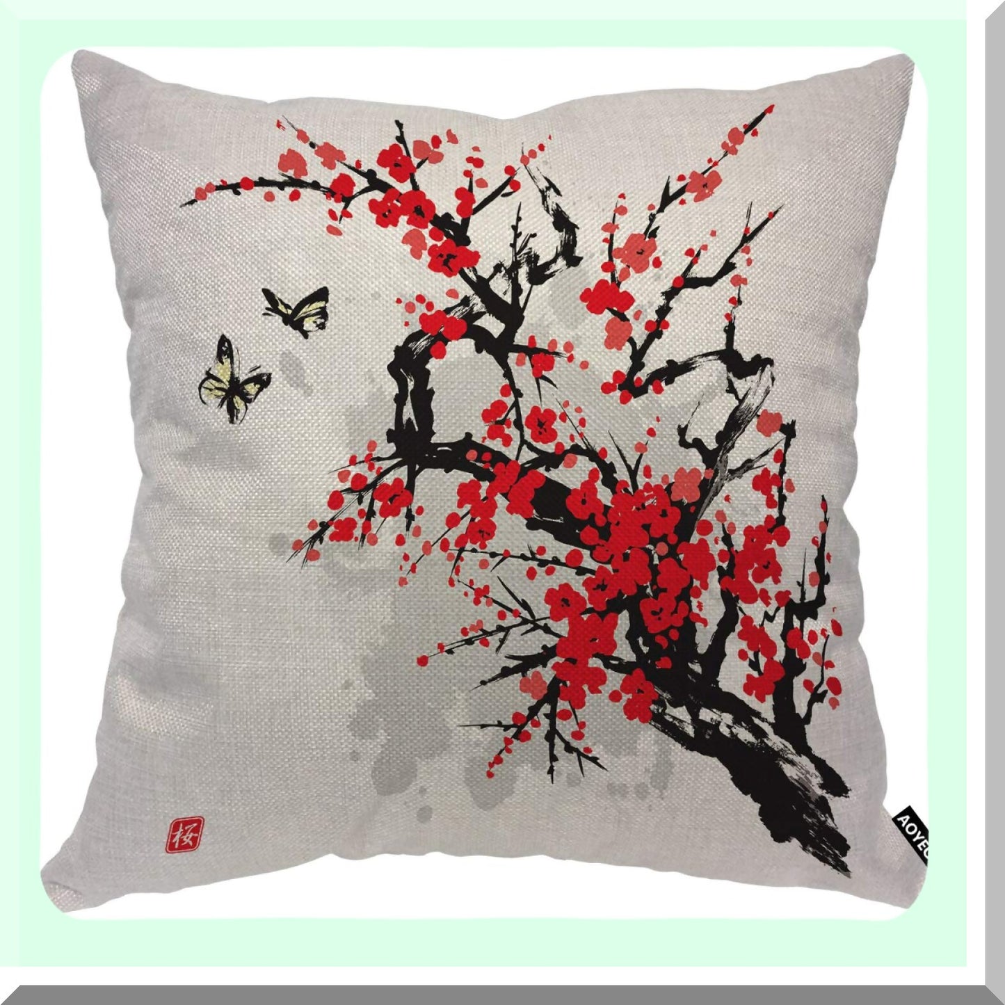 Cherry Blossom Butterfly Pillow Cover - Oriental Foliage Culture Decorative Cushion Case 18x18 Inch for Home Couch Bed - Cotton Linen Square