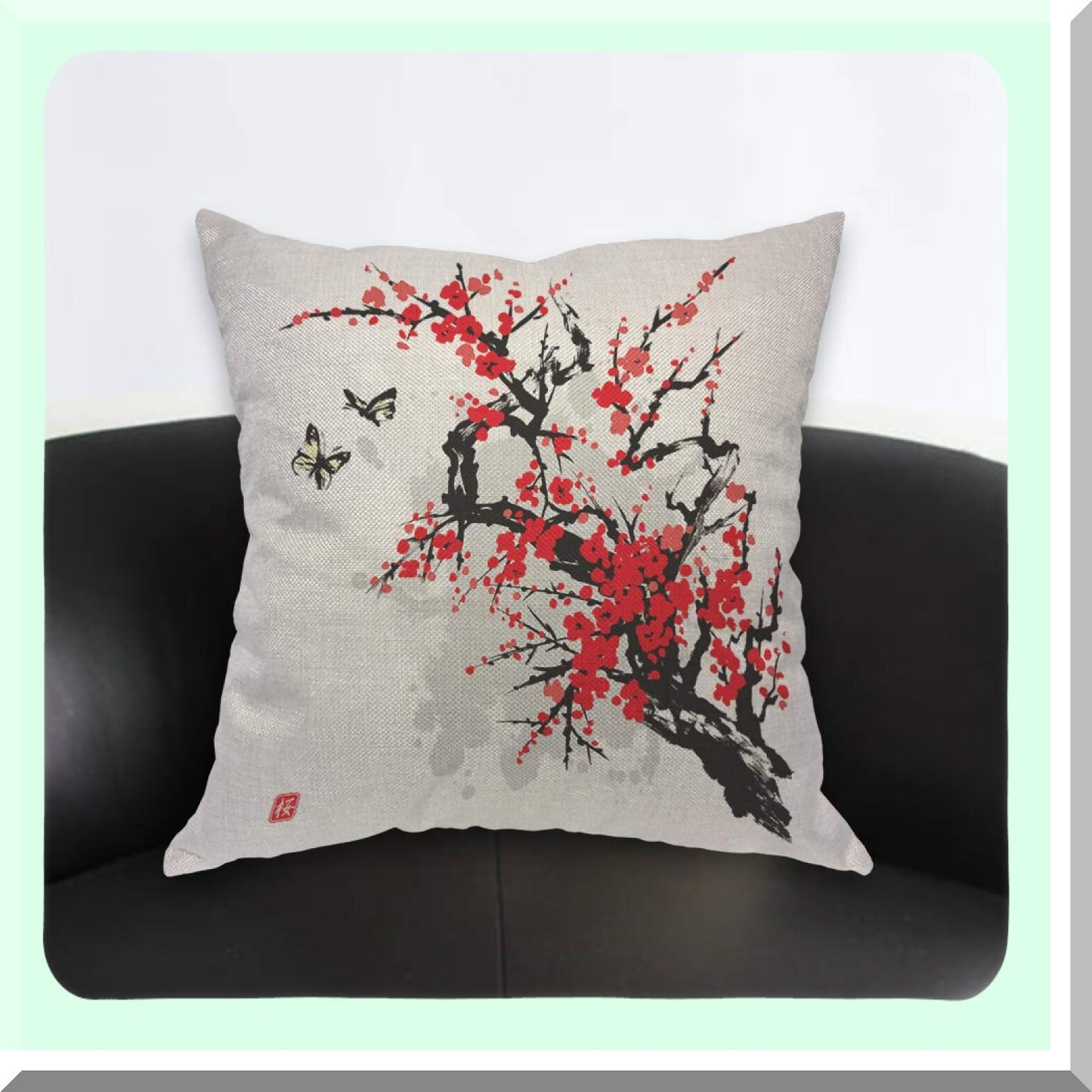 Cherry Blossom Butterfly Pillow Cover - Oriental Foliage Culture Decorative Cushion Case 18x18 Inch for Home Couch Bed - Cotton Linen Square