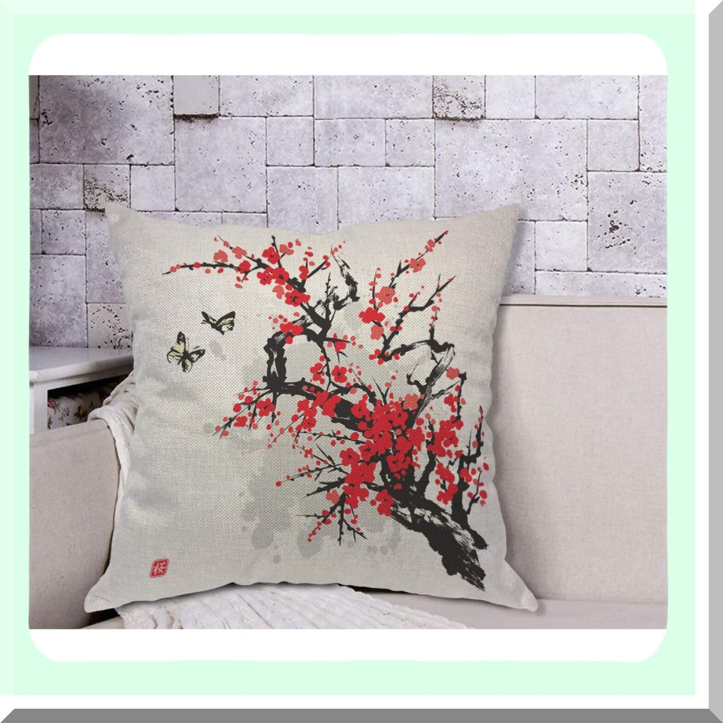 Cherry Blossom Butterfly Pillow Cover - Oriental Foliage Culture Decorative Cushion Case 18x18 Inch for Home Couch Bed - Cotton Linen Square