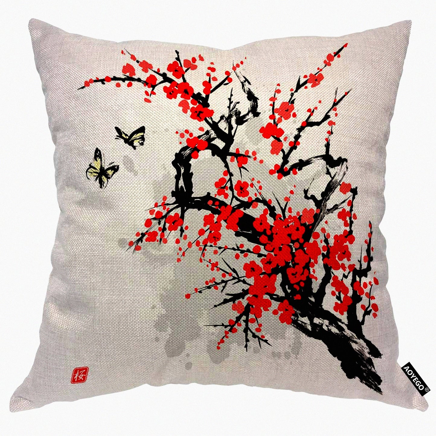 Cherry Blossom Butterfly Pillow Cover - Oriental Foliage Culture Decorative Cushion Case 18x18 Inch for Home Couch Bed - Cotton Linen Square
