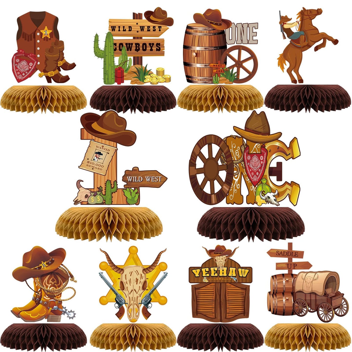 Cowboy Honeycomb Centerpieces - Wild West Theme Party Decor Set for Boys - 10Pcs 3D Table Decorations for 1st Birthday & Baby Shower Events