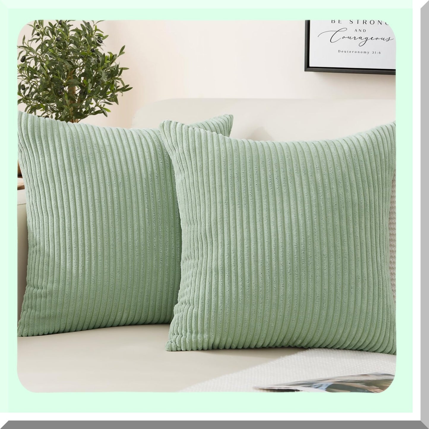 Sage Green Striped Corduroy Throw Pillow Covers - Set of 2 18x18 Decorative Soft Square Couch Sofa Bed Living Room Pillows