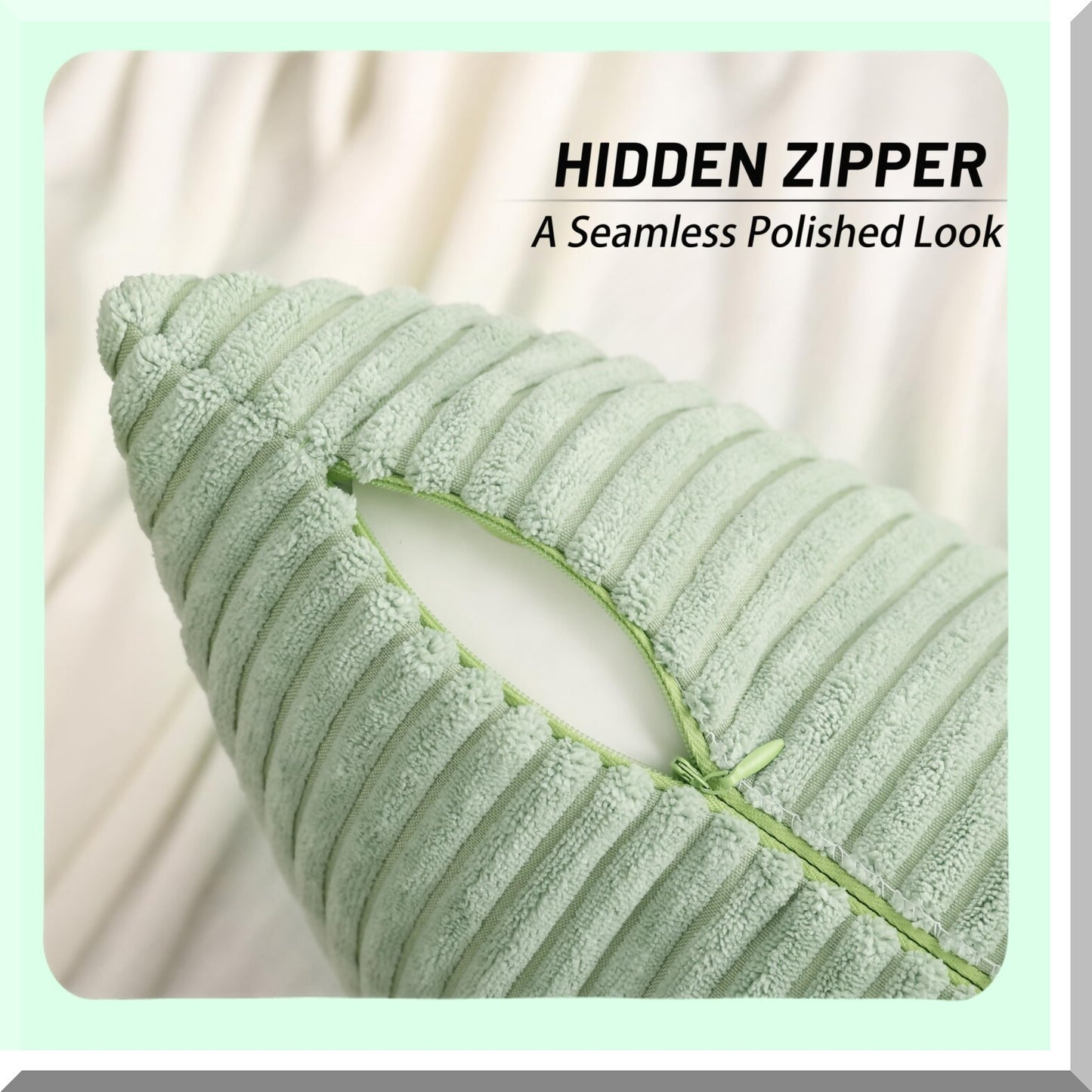 Sage Green Striped Corduroy Throw Pillow Covers - Set of 2 18x18 Decorative Soft Square Couch Sofa Bed Living Room Pillows