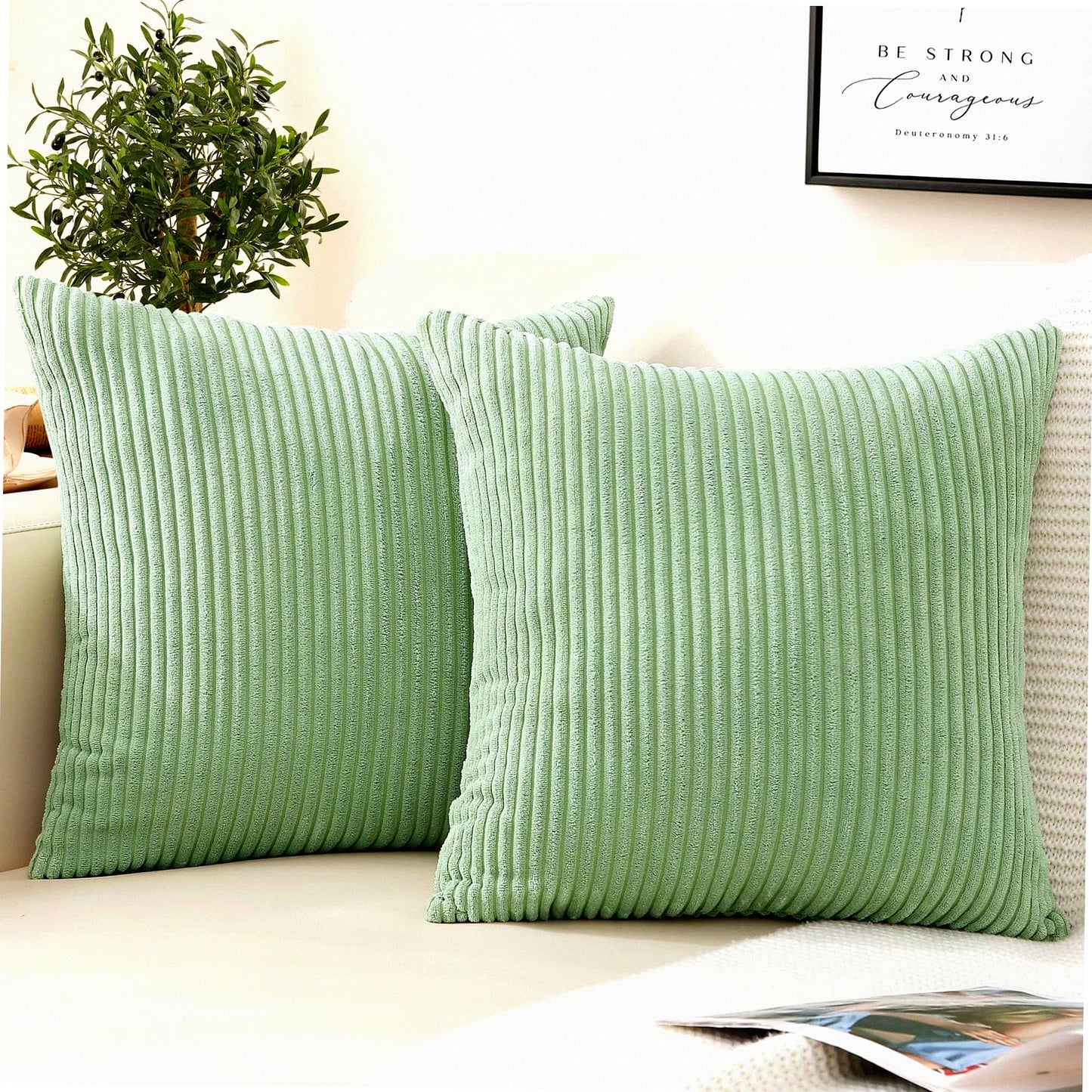 Sage Green Striped Corduroy Throw Pillow Covers - Set of 2 18x18 Decorative Soft Square Couch Sofa Bed Living Room Pillows