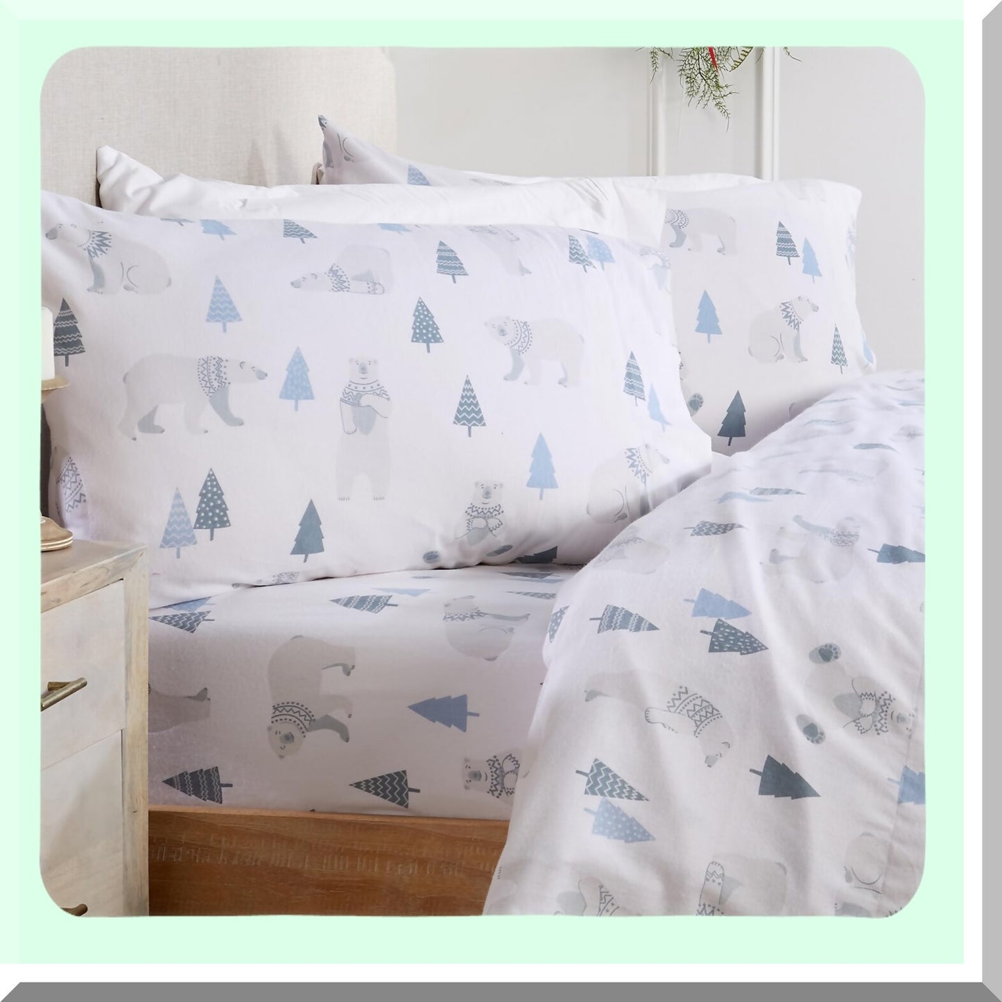 WinterWonder Flannel Sheet Set - 100% Cotton 4 Piece Deep Pocket Bed Sheets, Double Brushed for Extra Softness. Cozy Alpine Collection Queen Size with Novelty Polar Bears Design.