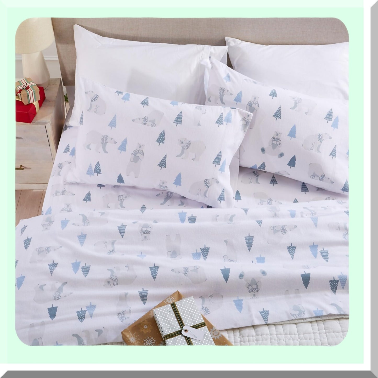 WinterWonder Flannel Sheet Set - 100% Cotton 4 Piece Deep Pocket Bed Sheets, Double Brushed for Extra Softness. Cozy Alpine Collection Queen Size with Novelty Polar Bears Design.