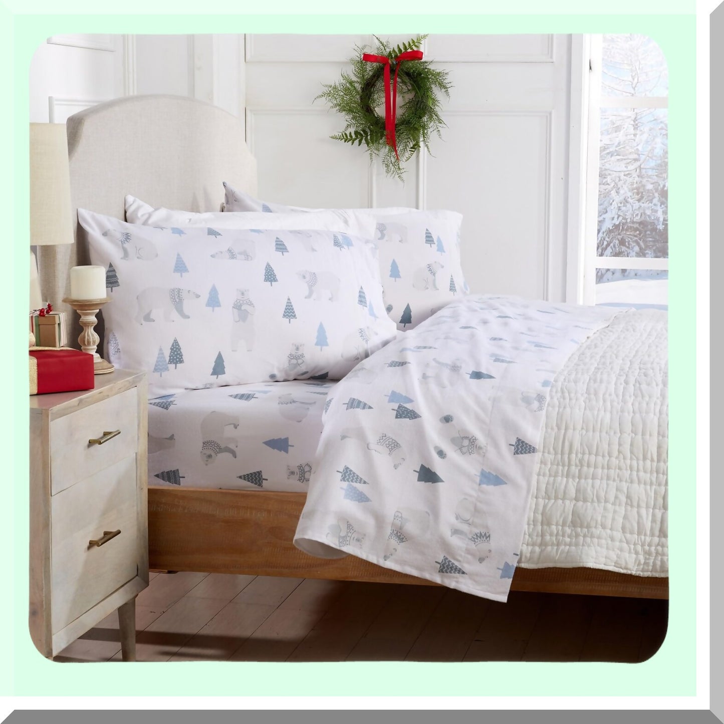WinterWonder Flannel Sheet Set - 100% Cotton 4 Piece Deep Pocket Bed Sheets, Double Brushed for Extra Softness. Cozy Alpine Collection Queen Size with Novelty Polar Bears Design.