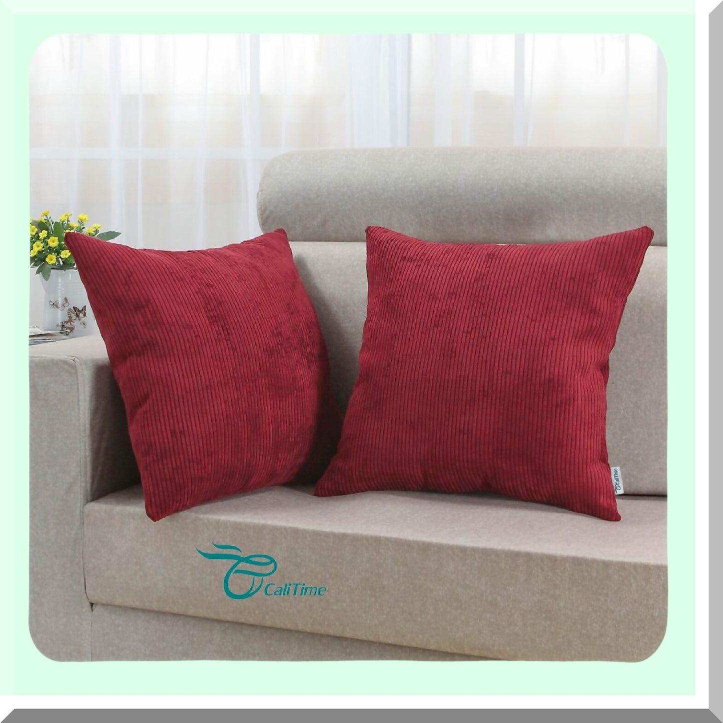 Ultra Soft Corduroy Striped Throw Pillow Covers - Cozy Couch Bed Sofa Cases 20x20 Dark Red - Pack of 2