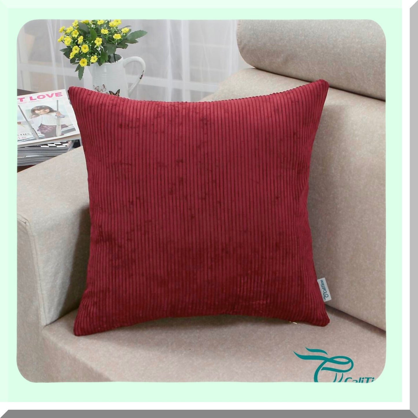 Ultra Soft Corduroy Striped Throw Pillow Covers - Cozy Couch Bed Sofa Cases 20x20 Dark Red - Pack of 2