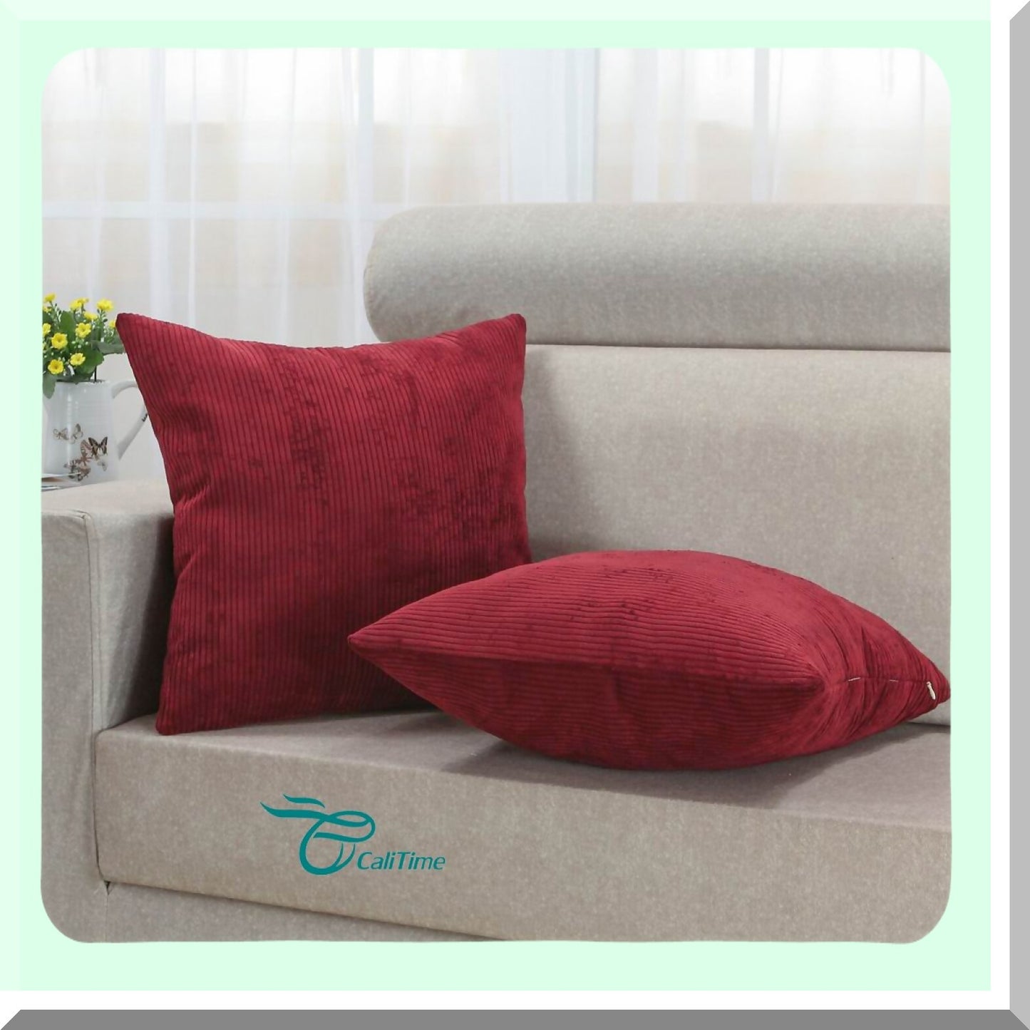Ultra Soft Corduroy Striped Throw Pillow Covers - Cozy Couch Bed Sofa Cases 20x20 Dark Red - Pack of 2