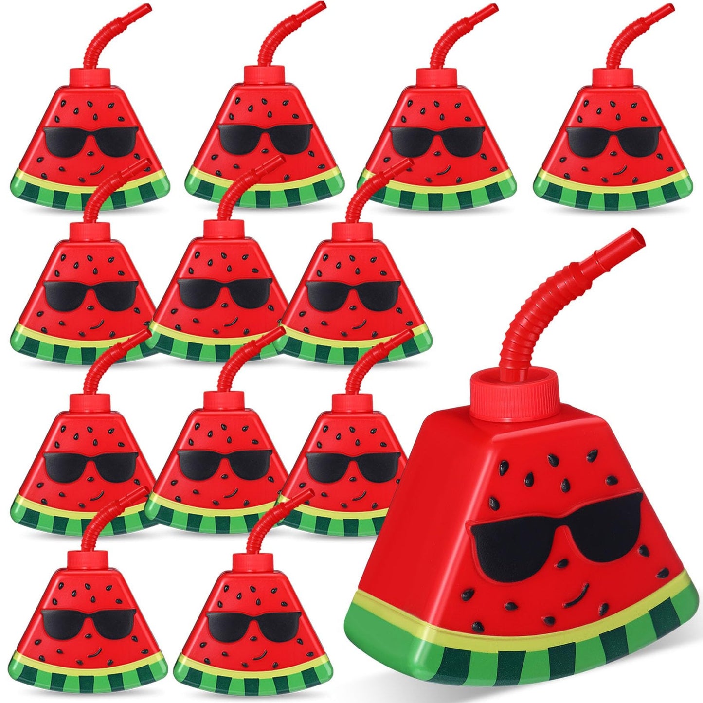 Watermelon Sip n' Seal Cups - 12 Pack of 13 oz Reusable Plastic Drink Cups with Straws and Lids for Kids Hawaiian Party Favors - Fruit Shape Party Cups