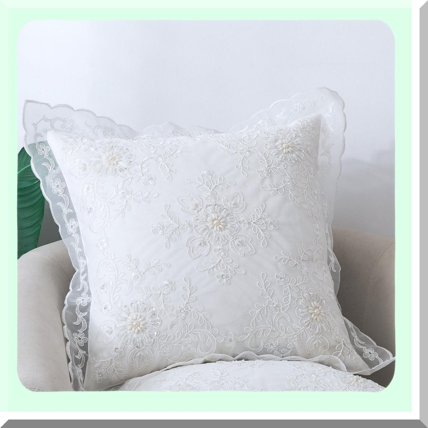 Beaded Lace Wedding Pillow Cover - Modern Vintage Floral Embroidered Cushion Case for Home Sofa Couch Car Bed - 18x18 Inch Square Decorative Throw - White Pearl Accent