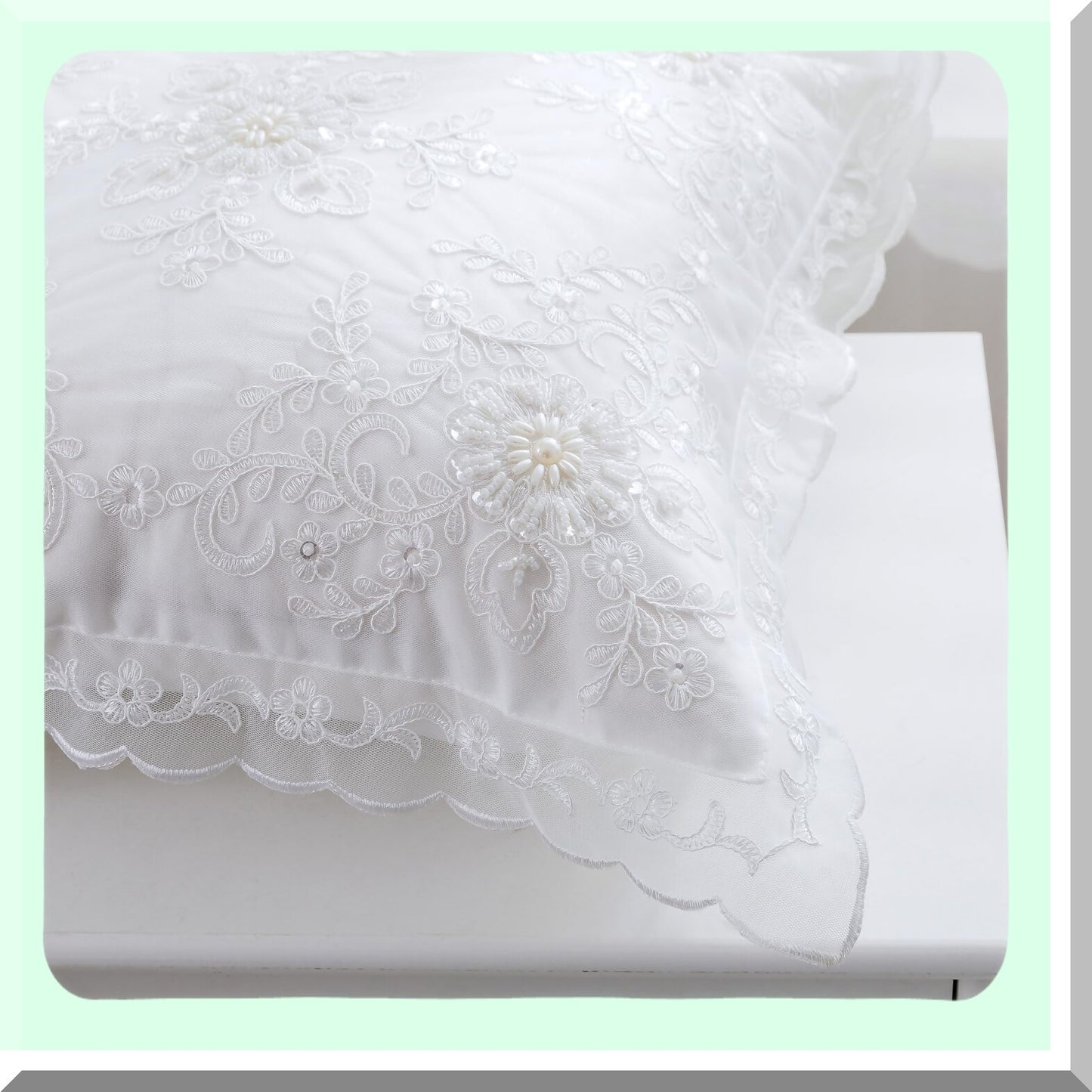 Beaded Lace Wedding Pillow Cover - Modern Vintage Floral Embroidered Cushion Case for Home Sofa Couch Car Bed - 18x18 Inch Square Decorative Throw - White Pearl Accent