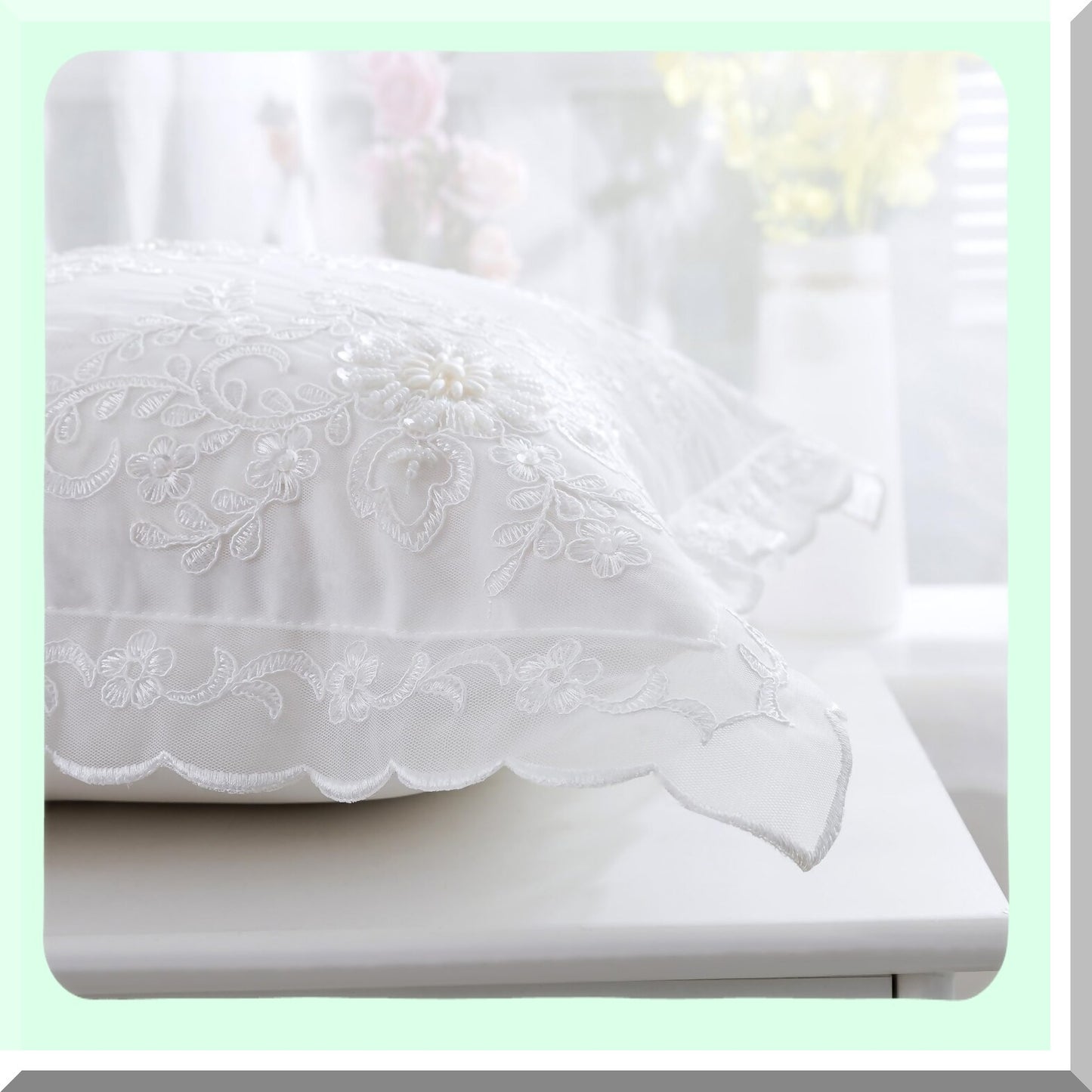 Beaded Lace Wedding Pillow Cover - Modern Vintage Floral Embroidered Cushion Case for Home Sofa Couch Car Bed - 18x18 Inch Square Decorative Throw - White Pearl Accent