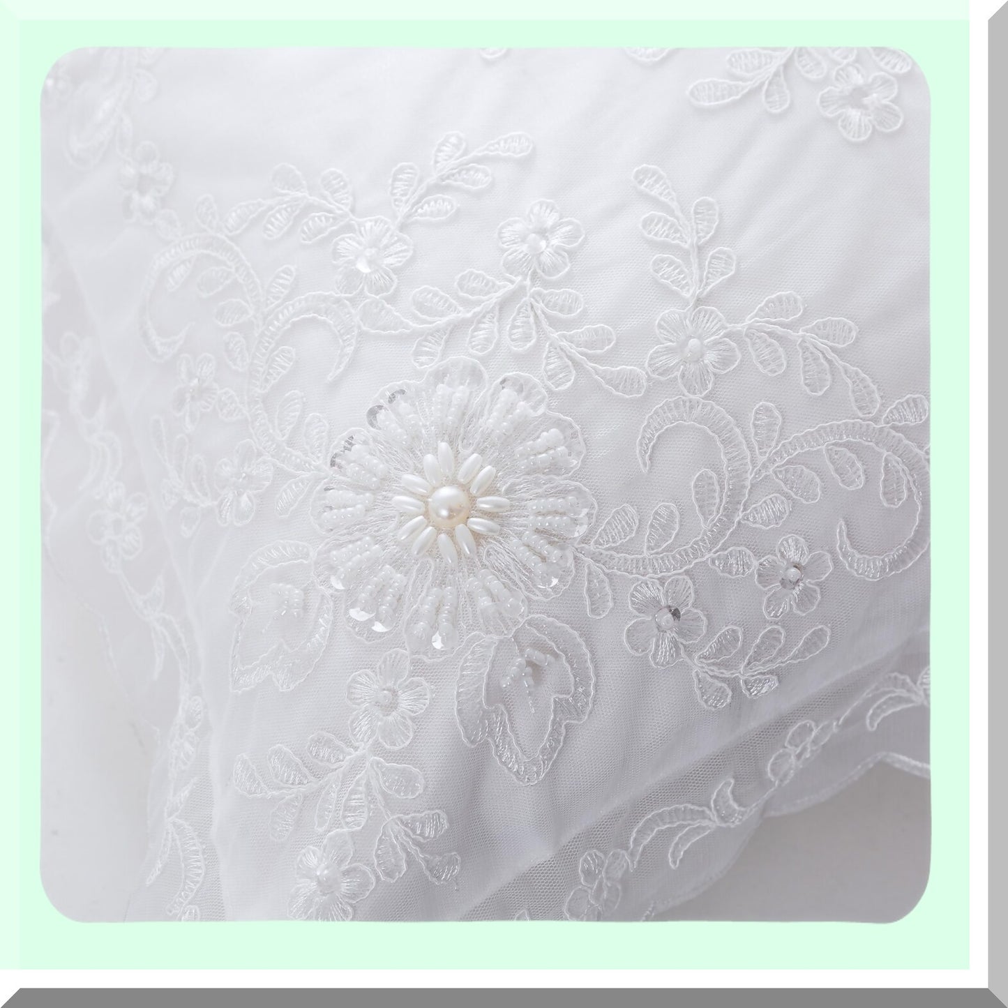 Beaded Lace Wedding Pillow Cover - Modern Vintage Floral Embroidered Cushion Case for Home Sofa Couch Car Bed - 18x18 Inch Square Decorative Throw - White Pearl Accent