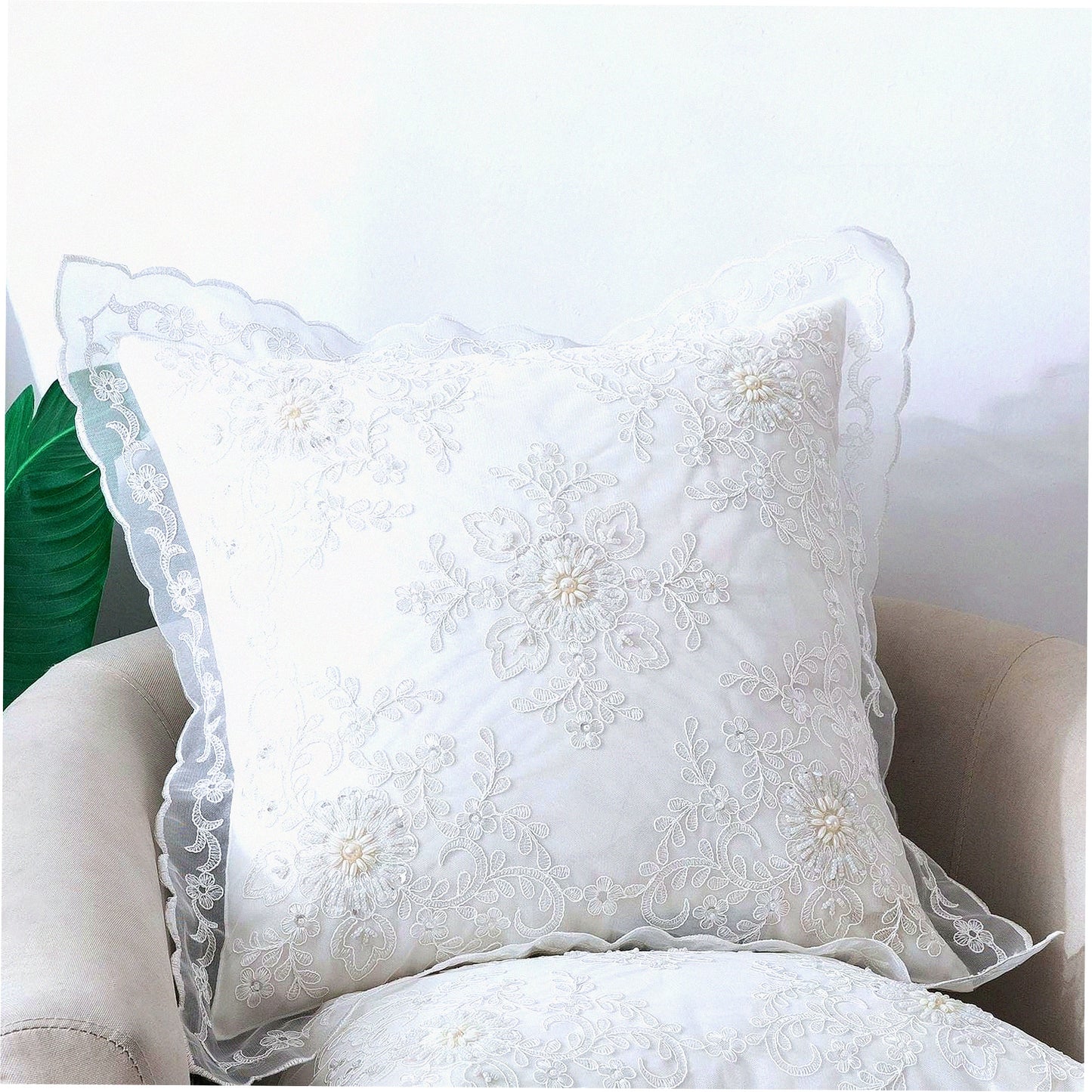 Beaded Lace Wedding Pillow Cover - Modern Vintage Floral Embroidered Cushion Case for Home Sofa Couch Car Bed - 18x18 Inch Square Decorative Throw - White Pearl Accent