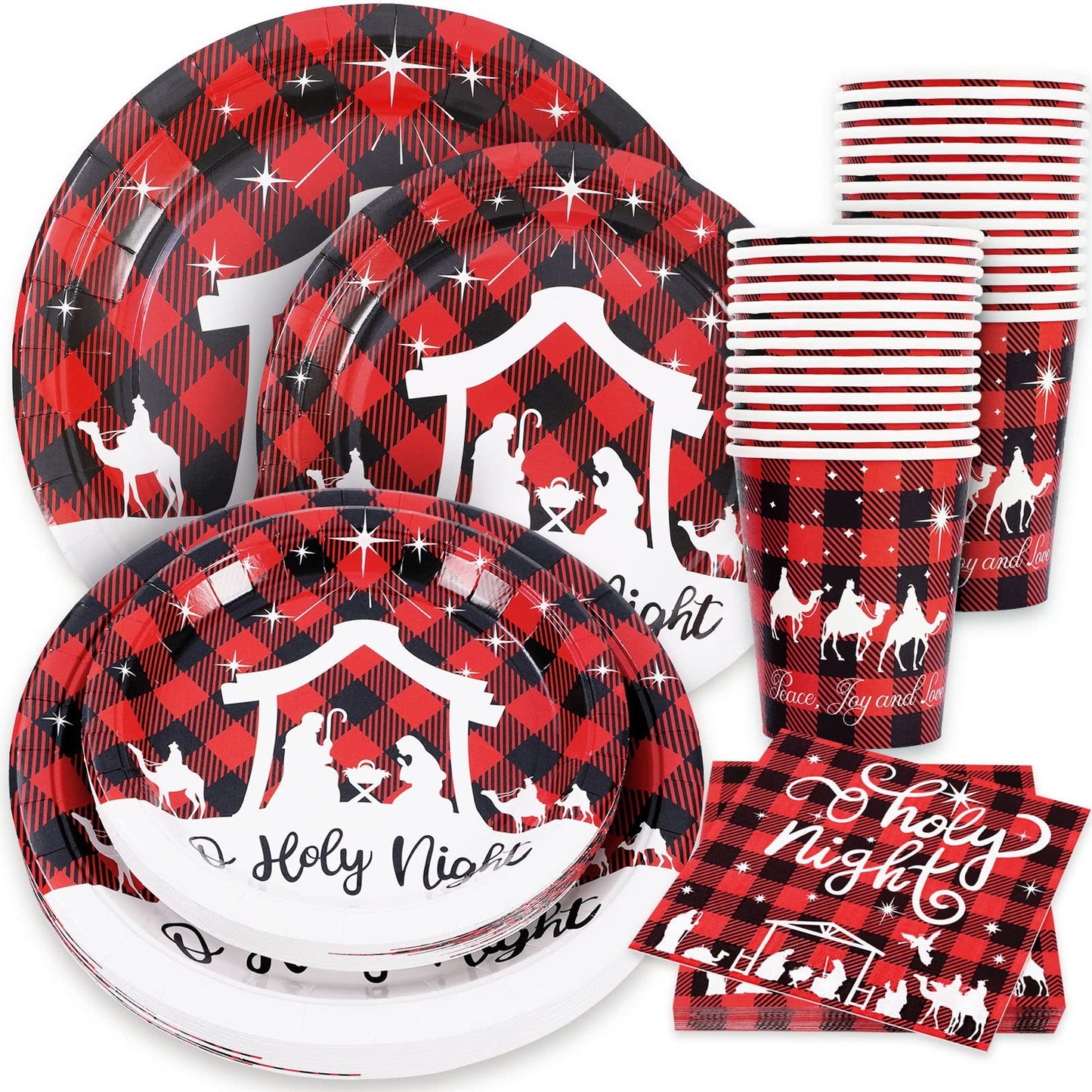 Holy Night Xmas Tableware Set - 100Pcs Disposable Paper Plates, Napkins, Cups in Red & Black Plaid. Perfect for Baptism Party Supplies, Serves Guests in Religious Style.