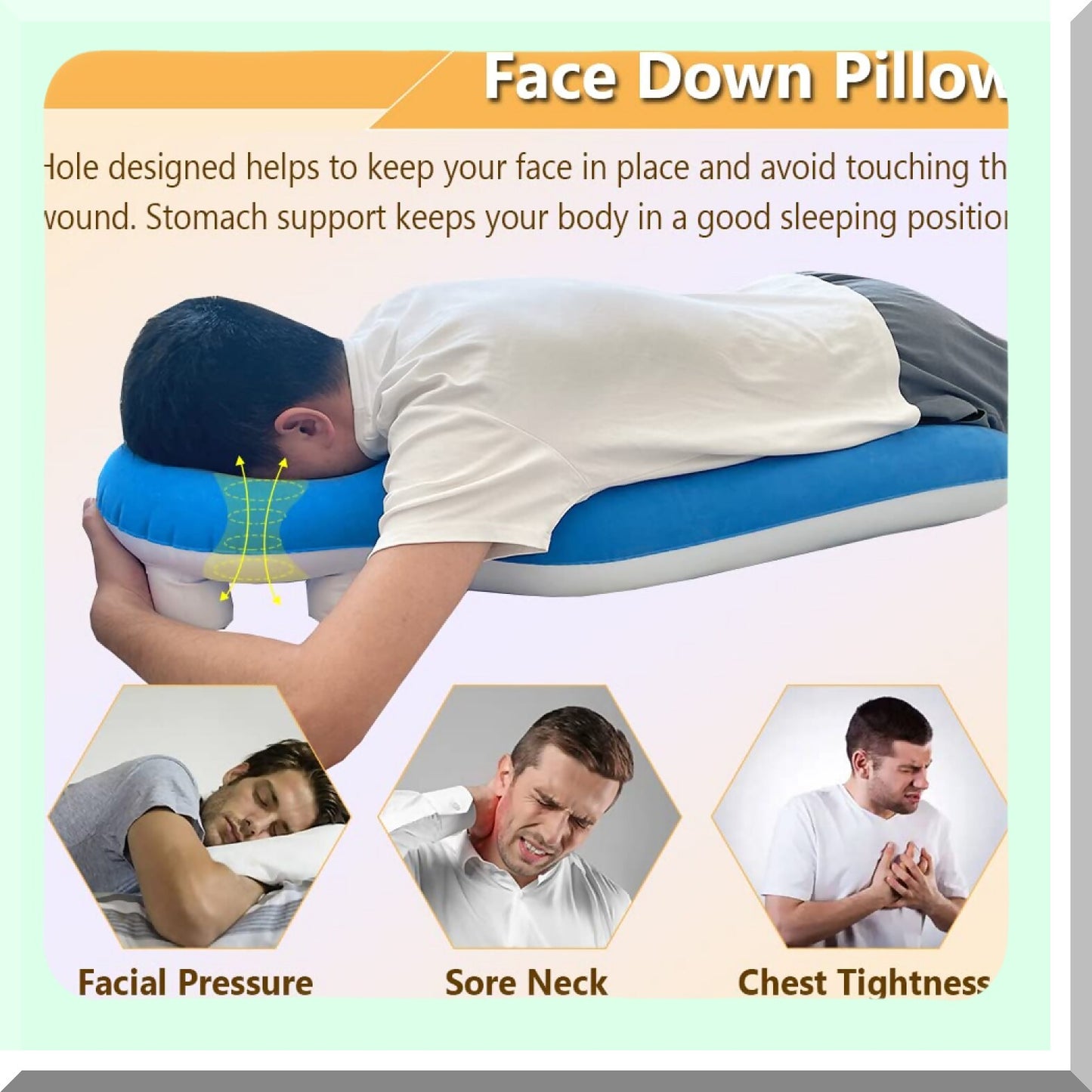 Prone Comfort Pillow - Blue | Face Down Recovery Cushion for Head Support After Surgery, Retinal Detachment, Vitrectomy | Breathe Easy Sleeping on Stomach | Donut Shape for Comfort