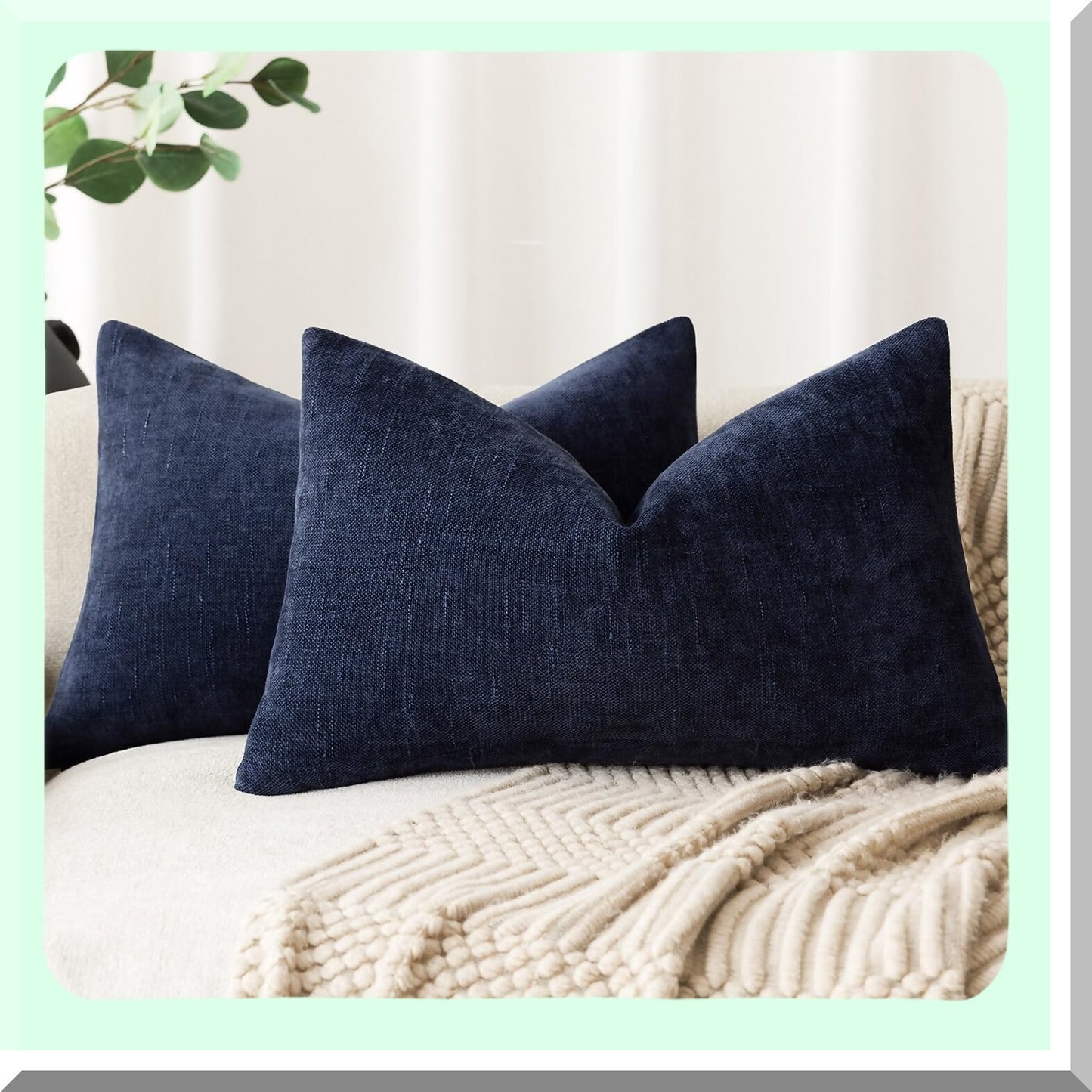 Cozy Farmhouse Lumbar Pillow Covers - Set of 2 Soft Textured Throw Cushion Cases for Couch Sofa Bedroom Living Room Decor, 12x20 Inch Navy Blue Zippered Accents