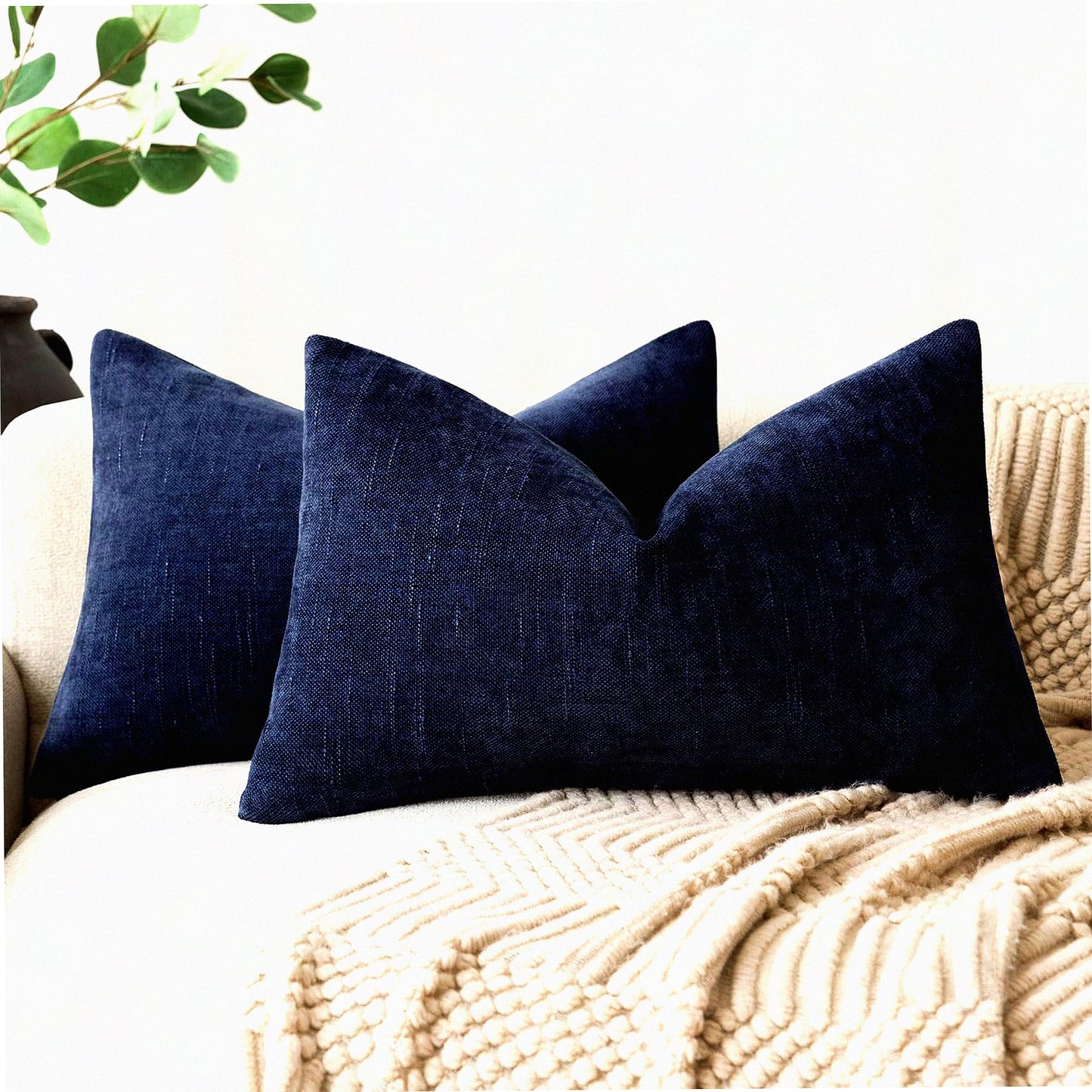 Cozy Farmhouse Lumbar Pillow Covers - Set of 2 Soft Textured Throw Cushion Cases for Couch Sofa Bedroom Living Room Decor, 12x20 Inch Navy Blue Zippered Accents