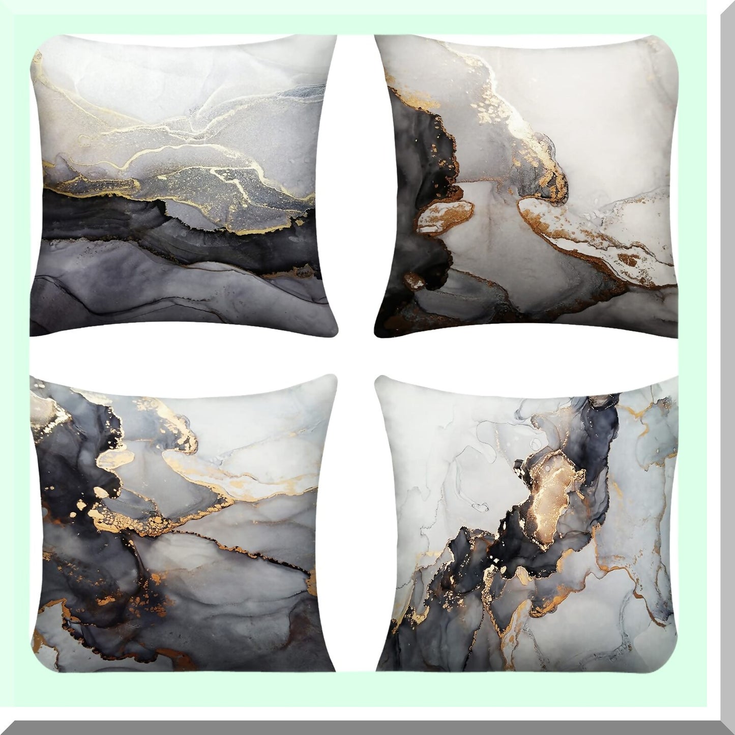Luxury Marble Texture Decorative Pillow Covers - Set of 4 Black Gold Silver Couch Pillows 18x18 for Living Room, Sofa, Bed, Outdoor Car Décor