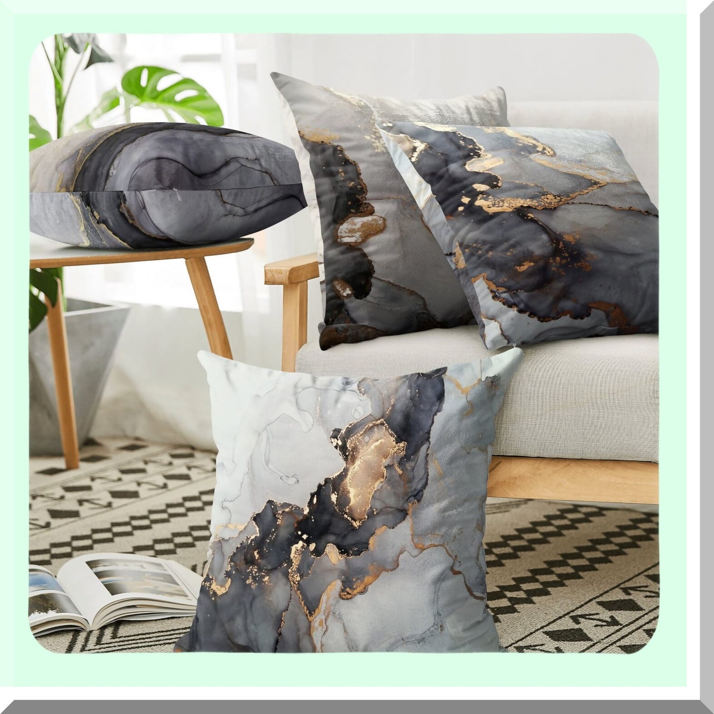 Luxury Marble Texture Decorative Pillow Covers - Set of 4 Black Gold Silver Couch Pillows 18x18 for Living Room, Sofa, Bed, Outdoor Car Décor