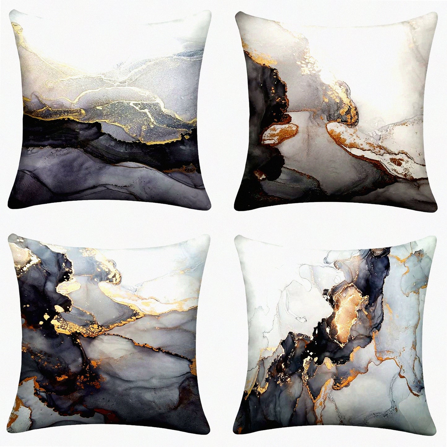 Luxury Marble Texture Decorative Pillow Covers - Set of 4 Black Gold Silver Couch Pillows 18x18 for Living Room, Sofa, Bed, Outdoor Car Décor