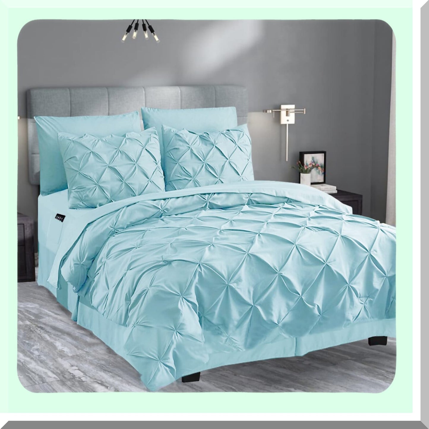 Aqua Bliss 8-Piece Bedding Set - Pinch Pleated Comforter, Silky Soft Sheets with Storage Pockets - Complete Bed-in-a-Bag for Ultimate Comfort