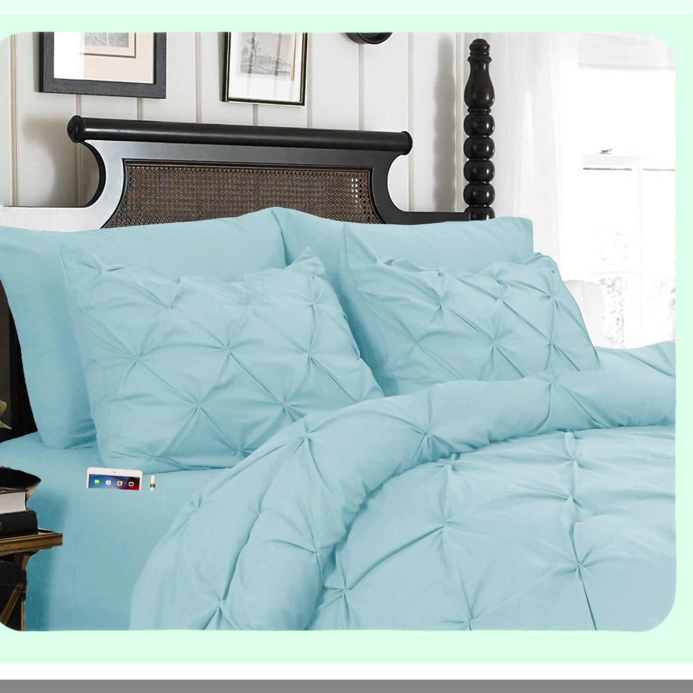 Aqua Bliss 8-Piece Bedding Set - Pinch Pleated Comforter, Silky Soft Sheets with Storage Pockets - Complete Bed-in-a-Bag for Ultimate Comfort