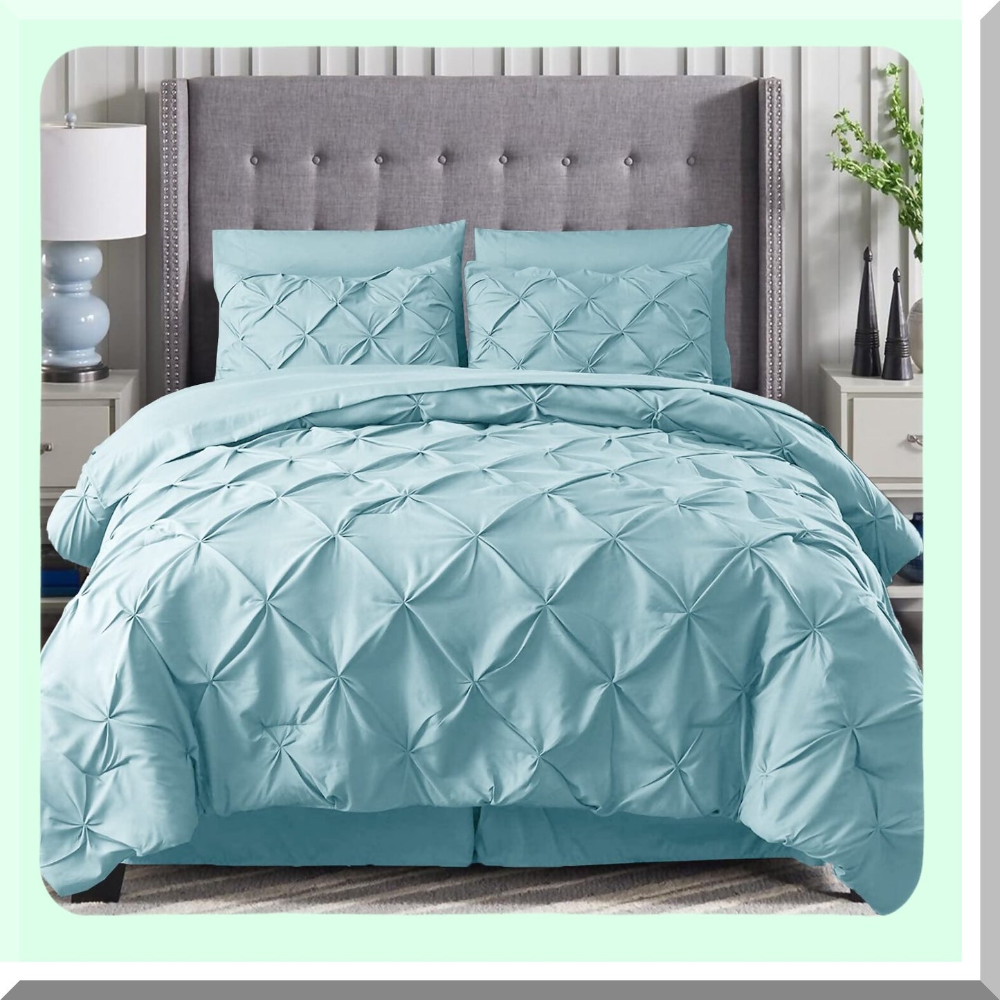 Aqua Bliss 8-Piece Bedding Set - Pinch Pleated Comforter, Silky Soft Sheets with Storage Pockets - Complete Bed-in-a-Bag for Ultimate Comfort
