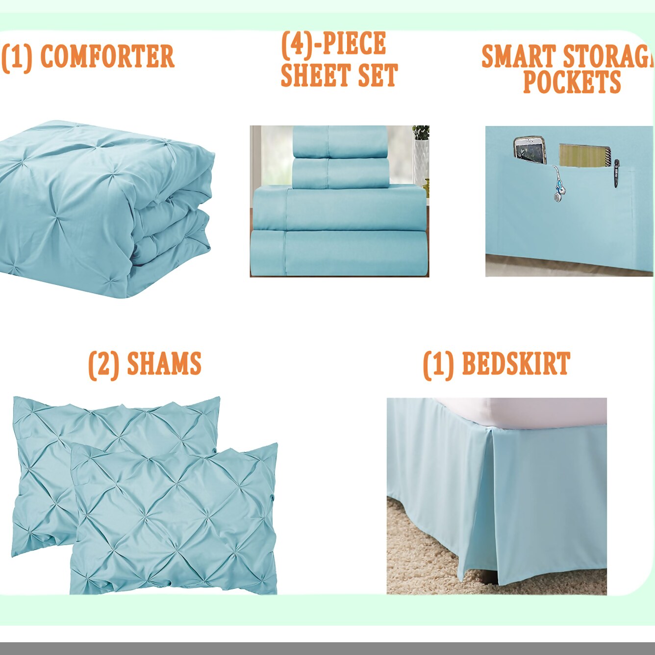 Aqua Bliss 8-Piece Bedding Set - Pinch Pleated Comforter, Silky Soft Sheets with Storage Pockets - Complete Bed-in-a-Bag for Ultimate Comfort
