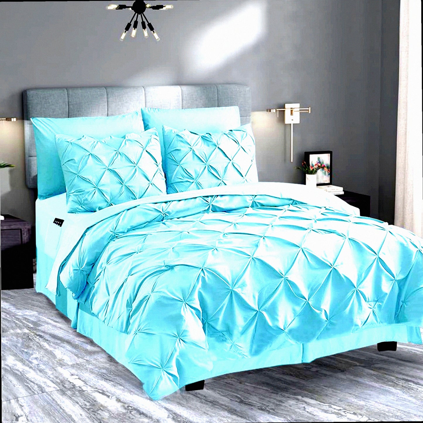 Aqua Bliss 8-Piece Bedding Set - Pinch Pleated Comforter, Silky Soft Sheets with Storage Pockets - Complete Bed-in-a-Bag for Ultimate Comfort