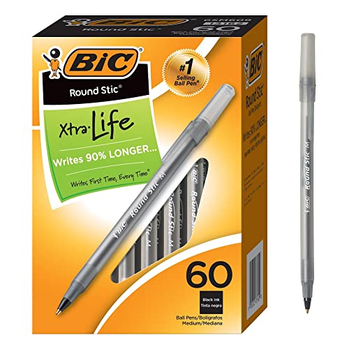 Round Stic Xtra Life Ballpoint Pen, 1.0mm, Black, 60 Pack