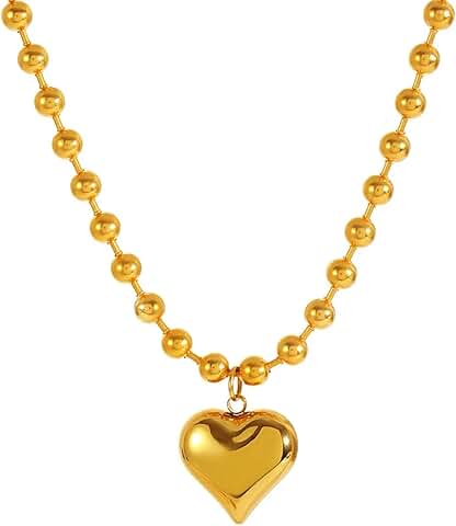 Gold Heart Necklace with Puffy Pendant and Chain