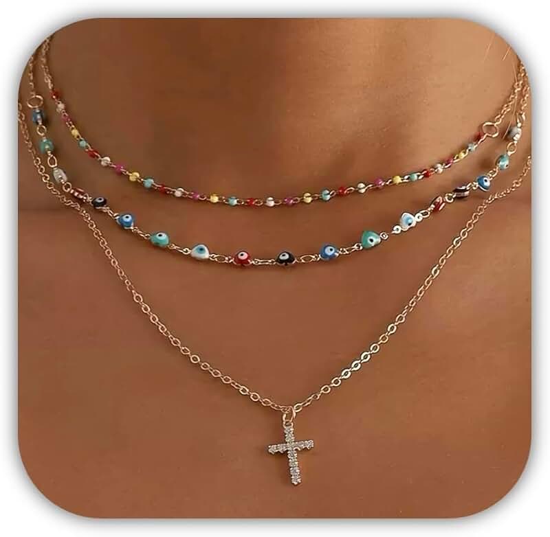 Colorful Beaded Necklace Set with Cross Pendant