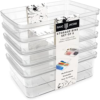 Set of five small clear plastic storage bins