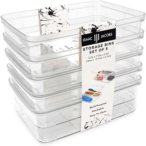 Set of five small clear plastic storage bins
