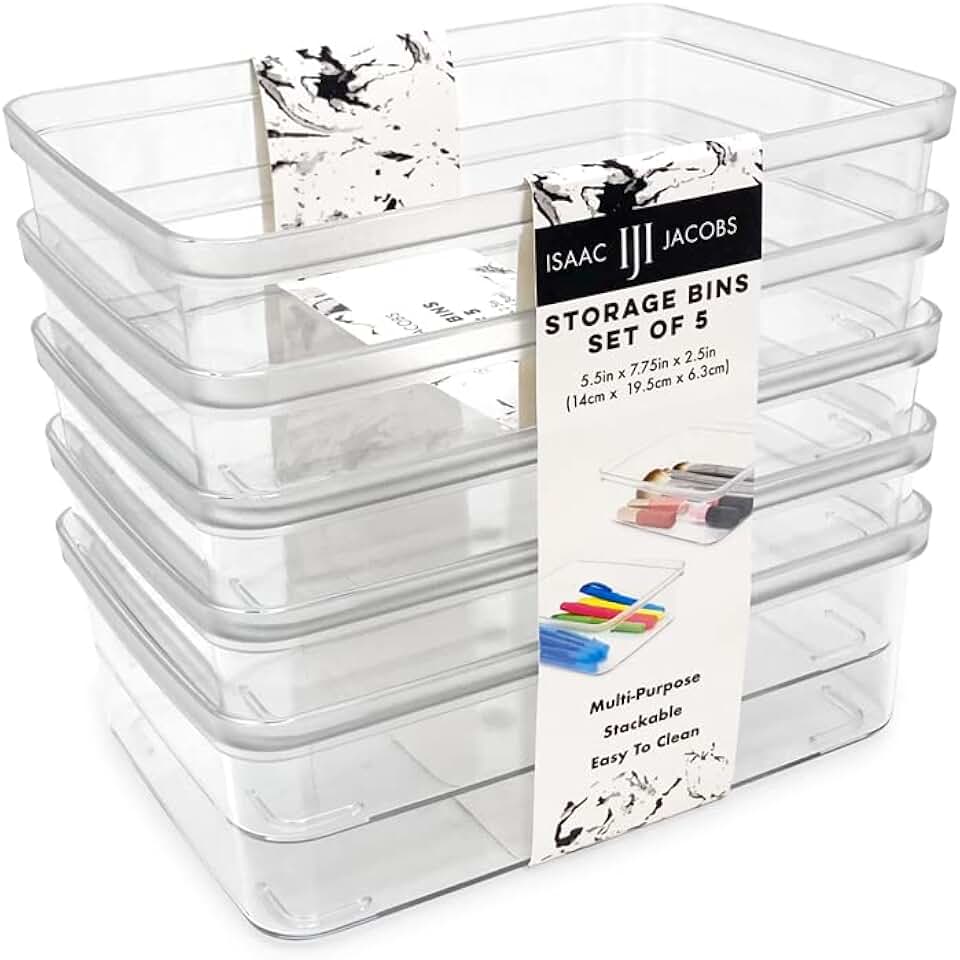 Set of five small clear plastic storage bins