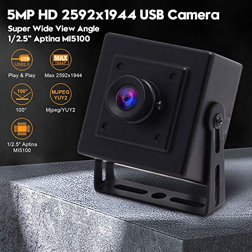 5 Megapixel USB Camera HD 2592x1944 Mini Webcam with Metal Case, Aptina MI5100 CMOS Portable USB Camera 100 Degree No Distorition Lens UVC OTG Web Camera