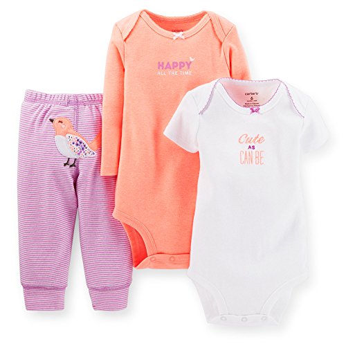 Baby Girls' 3-piece Bodysuit & Pant Set (3 Months, Peach)