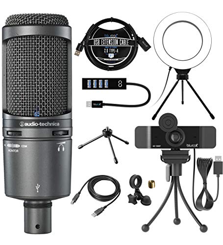 AT2020USB+ Cardioid Condenser USB Microphone with Built-In Headphone Jack & Volume Control Bundle with Blucoil 1080p USB Webcam, 6" Ring Light, USB-A Mini Hub and 3' USB Extension Cable