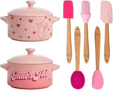 Pink Mini Round Casserole Dishes with Silicone Tools, 2 Pack