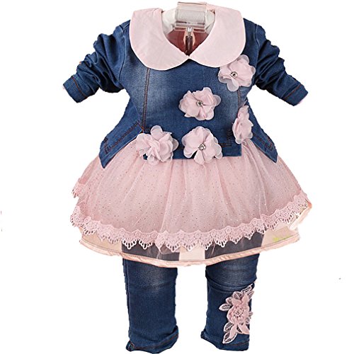 6M-4Y Infant 3Pcs Baby Girls Clothes Set Toddler Outfits Lace Dress Jacket and Jeans 2-3Years,Pink