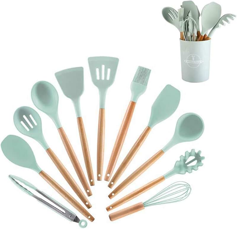 Mint Green Silicone Kitchen Cookware Set with Stand